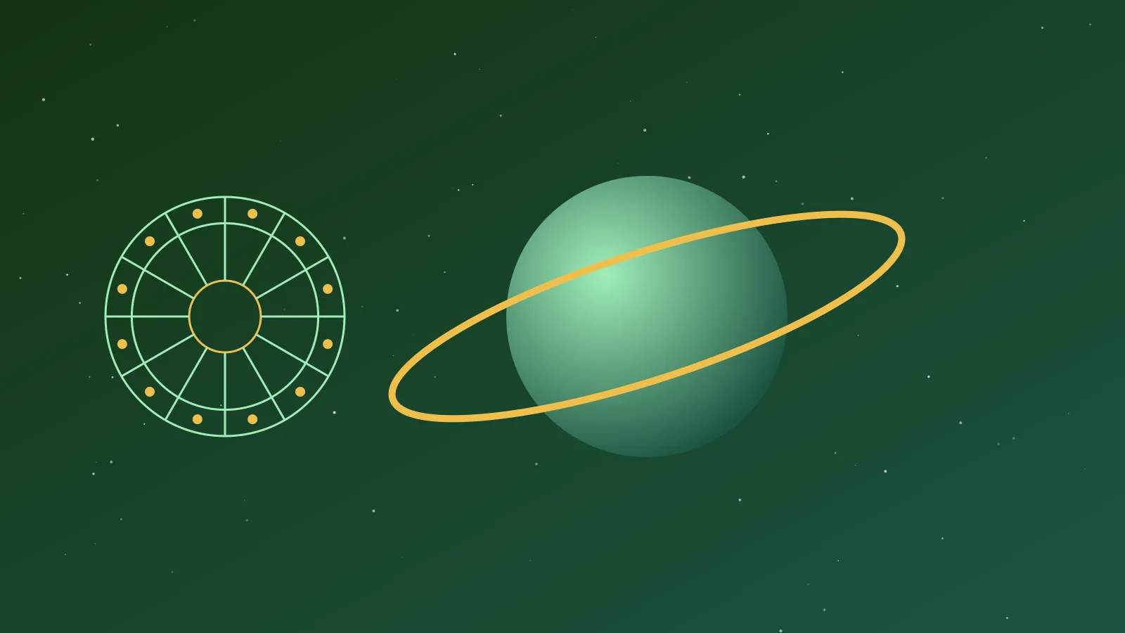 A ringed planet beside a serpent-like arc across a zodiac wheel