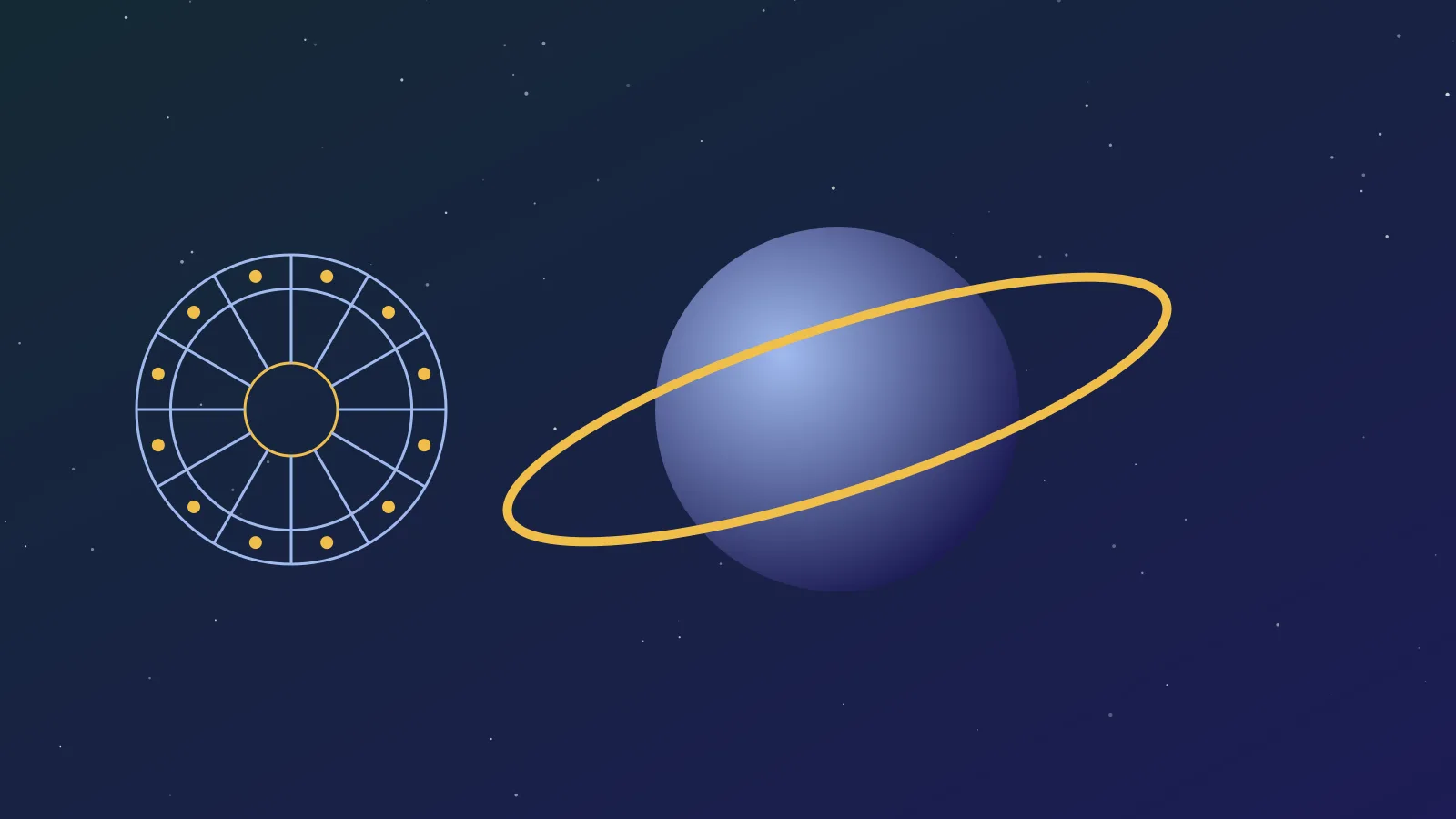 A ringed planet over a zodiac wheel, with a faint lamp-like glow