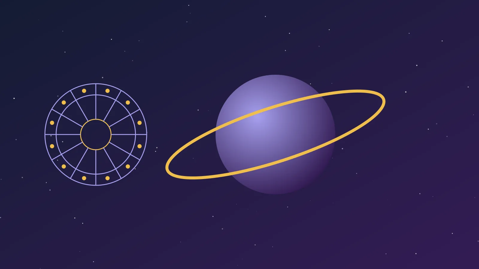 Saturn with its rings beside a zodiac wheel